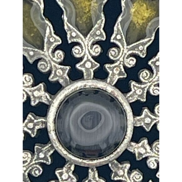 Circle Pendant 3" Silver Tone Pierced Designs Glass Center Black Cord - Picture 6 of 9